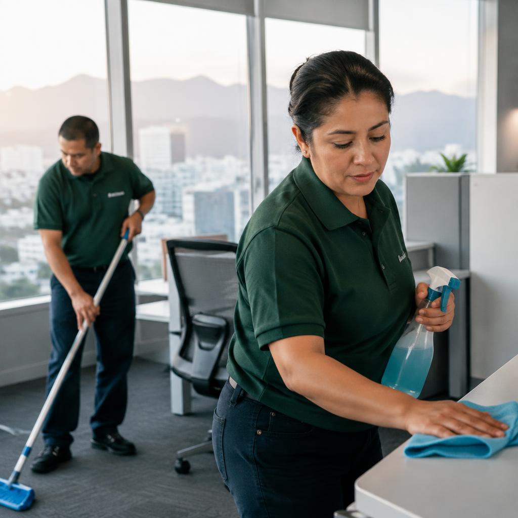 Personal de Pro Clean limpiando una oficina moderna al amanecer